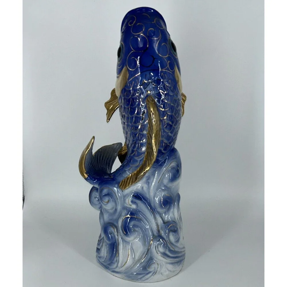 Vintage Large 17.5” Chinese Blue And Gold Porcelain Gurgling Koi Fish Vase